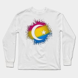 Paint Splatter Pansexual Pride Flag Star and Crescent Symbol Long Sleeve T-Shirt